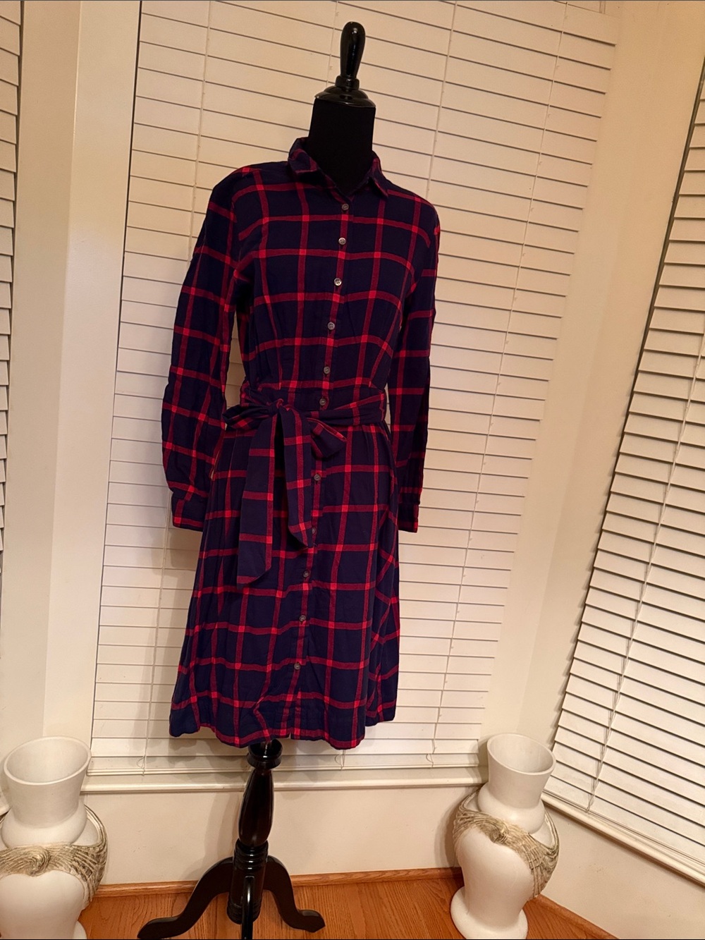 J. Crew Navy and Red Plaid Button-Front Shirt Tie Dress Size 6